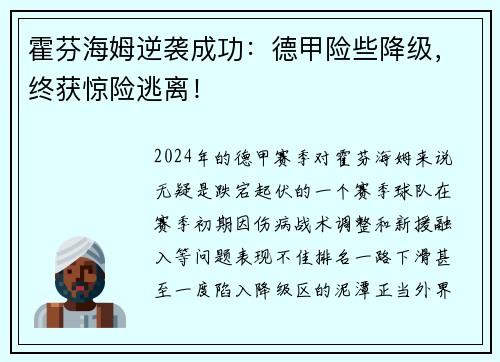 霍芬海姆逆袭成功：德甲险些降级，终获惊险逃离！