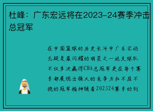 杜峰：广东宏远将在2023-24赛季冲击总冠军